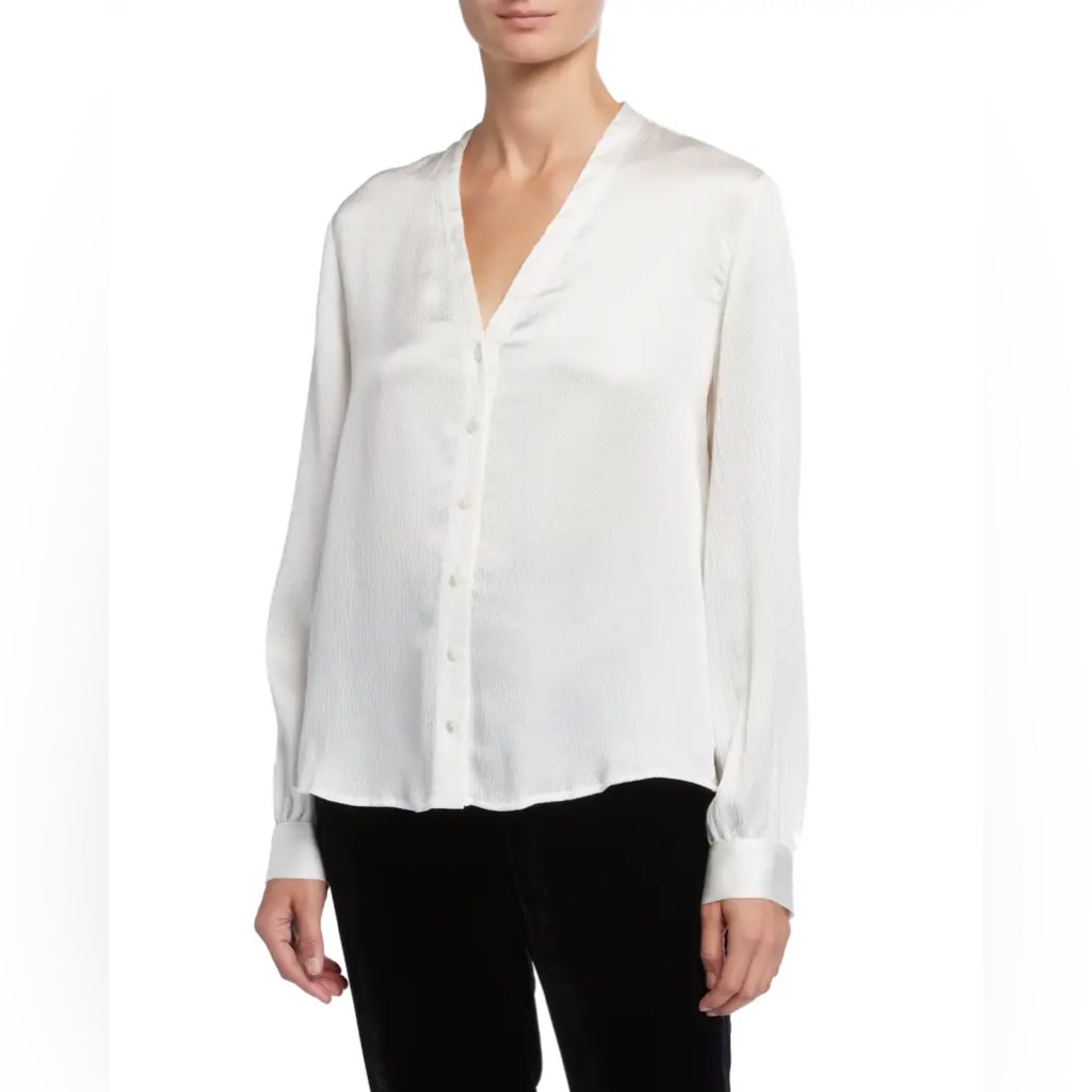 Nwt Eileen Fisher Hammered Silk High-Back Band-Collar Blouse In Ivory, Size Xl